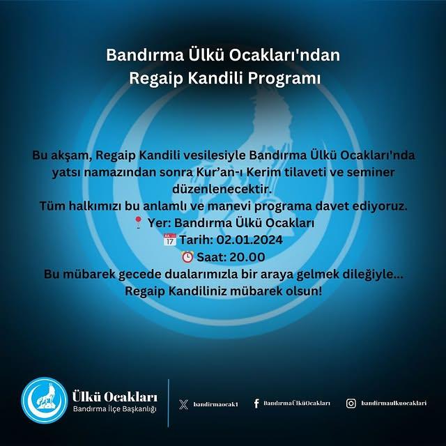 Regaip Kandili için Bandırma Ülkü Ocakları'nda Etkinlik Düzenlenecek