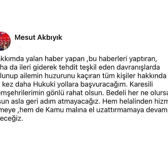 Balıkesir Karesi Belediye Başkanı Mesut Akbıyık'tan Yalan Haber ve Tehditlere Karşı Açıklama