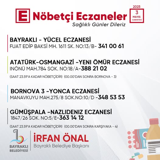Bayraklı Belediyesi Nöbetçi Eczane Bilgisini Paylaştı