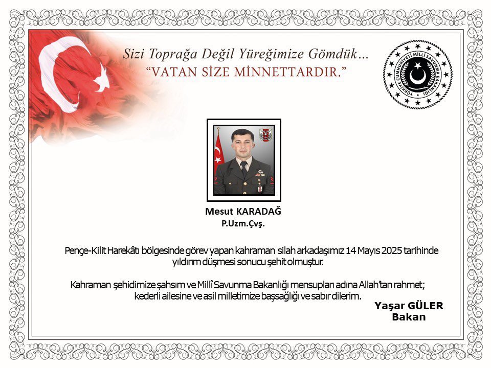 Pençe Kilit Harekatı'nda Yıldırım Düşmesi Sonucu Bir Asker Şehit Oldu