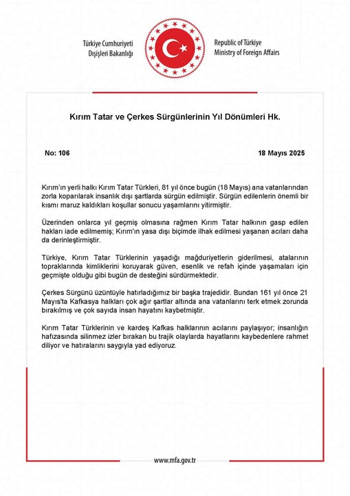 Dışişleri Bakanlığı, Kırım Tatar ve Çerkes Sürgünlerinin Yıl Dönümünü Andı