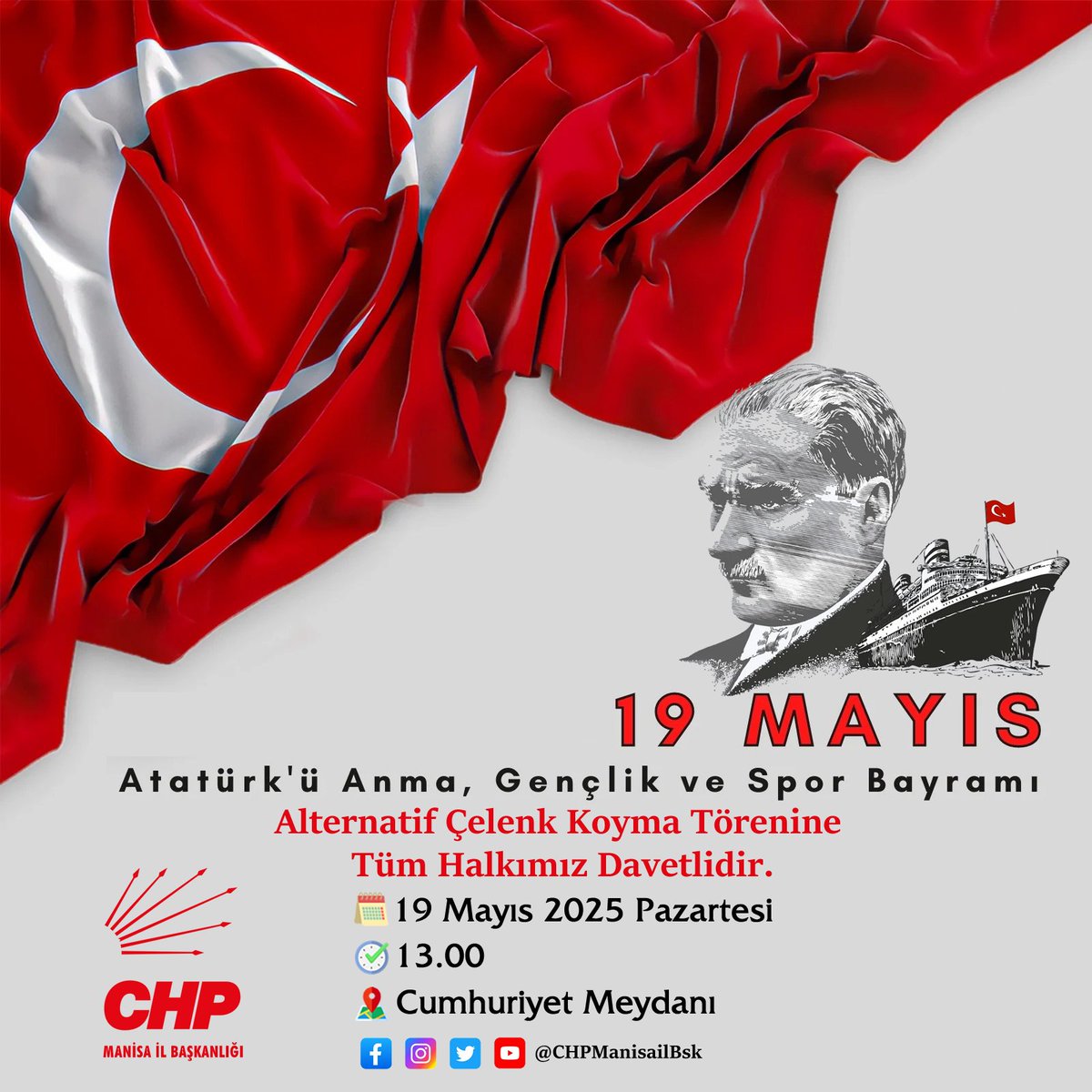CHP Manisa, 19 Mayıs Atatürk'ü Anma Gençlik ve Spor Bayramı'nda Alternatif Çelenk Koyma Töreni Düzenleyecek