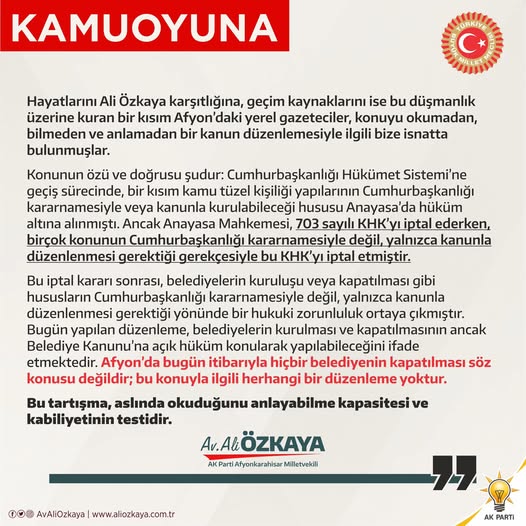 AK Parti Afyonkarahisar Milletvekili Özkaya, Belediye Kanunu Düzenlemesi Hakkında Açıklama Yaptı