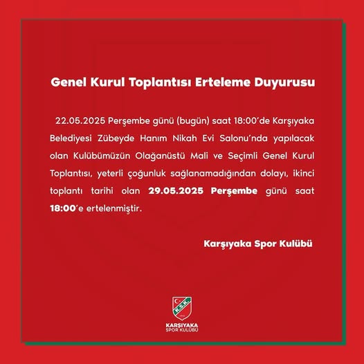 Karşıyaka Spor Kulübü Olağanüstü Genel Kurulu Ertelendi