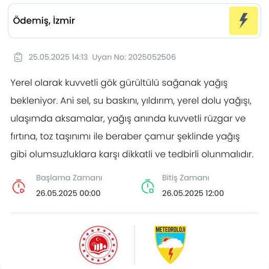 Ödemiş'te Gece Yarısından İtibaren Kuvvetli Sağanak Yağış Bekleniyor