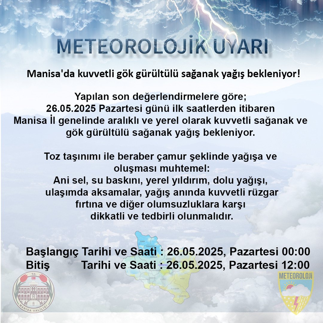 Manisa'da Kuvvetli Gök Gürültülü Sağanak Yağış Uyarısı