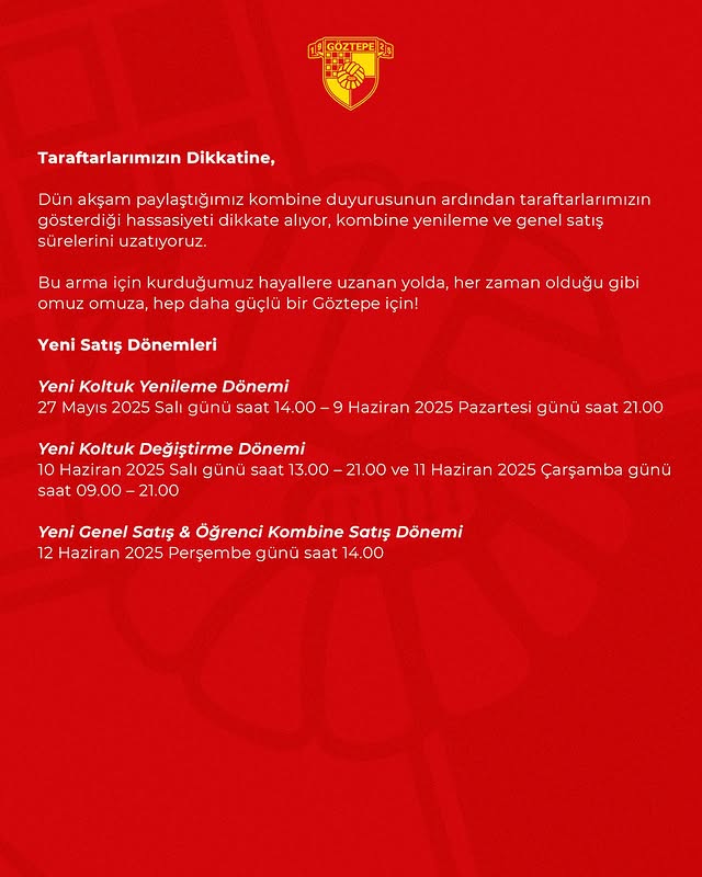 Göztepe Spor Kulübü Kombine Satış Süreleri Uzatıldı