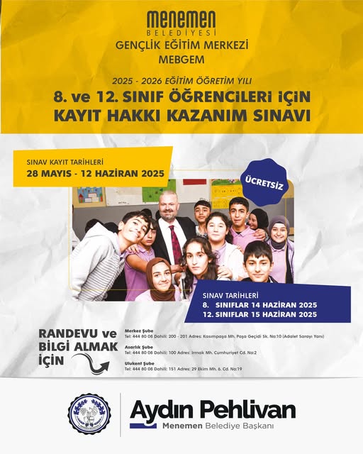 Menemen Belediyesi MEBGEM'de 2025-2026 Eğitim Öğretim Yılı Kayıtları Başlıyor