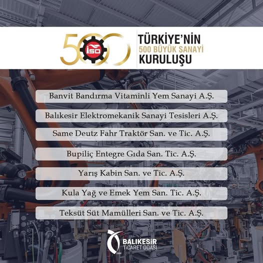 Balıkesir Sanayi Kuruluşları Türkiye'nin En Büyük 500 Şirketi Arasında