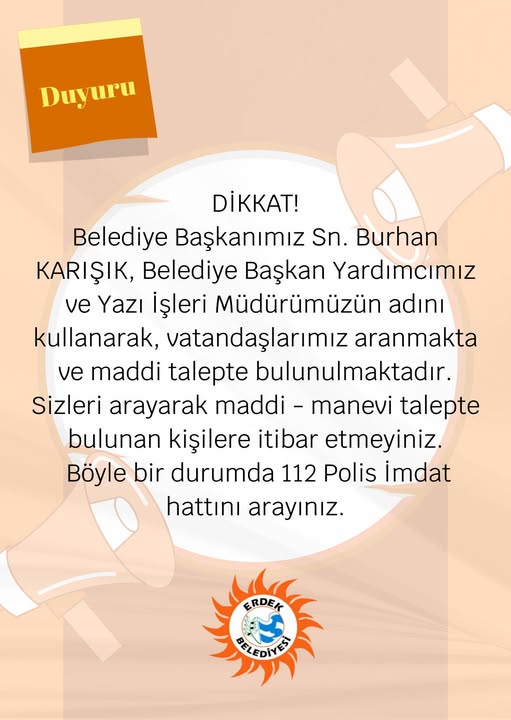 Erdek Belediyesi'nden Dolandırıcılık Uyarısı: Başkan ve Yetkililerin Adı Kullanılarak Maddi Talep Ediliyor
