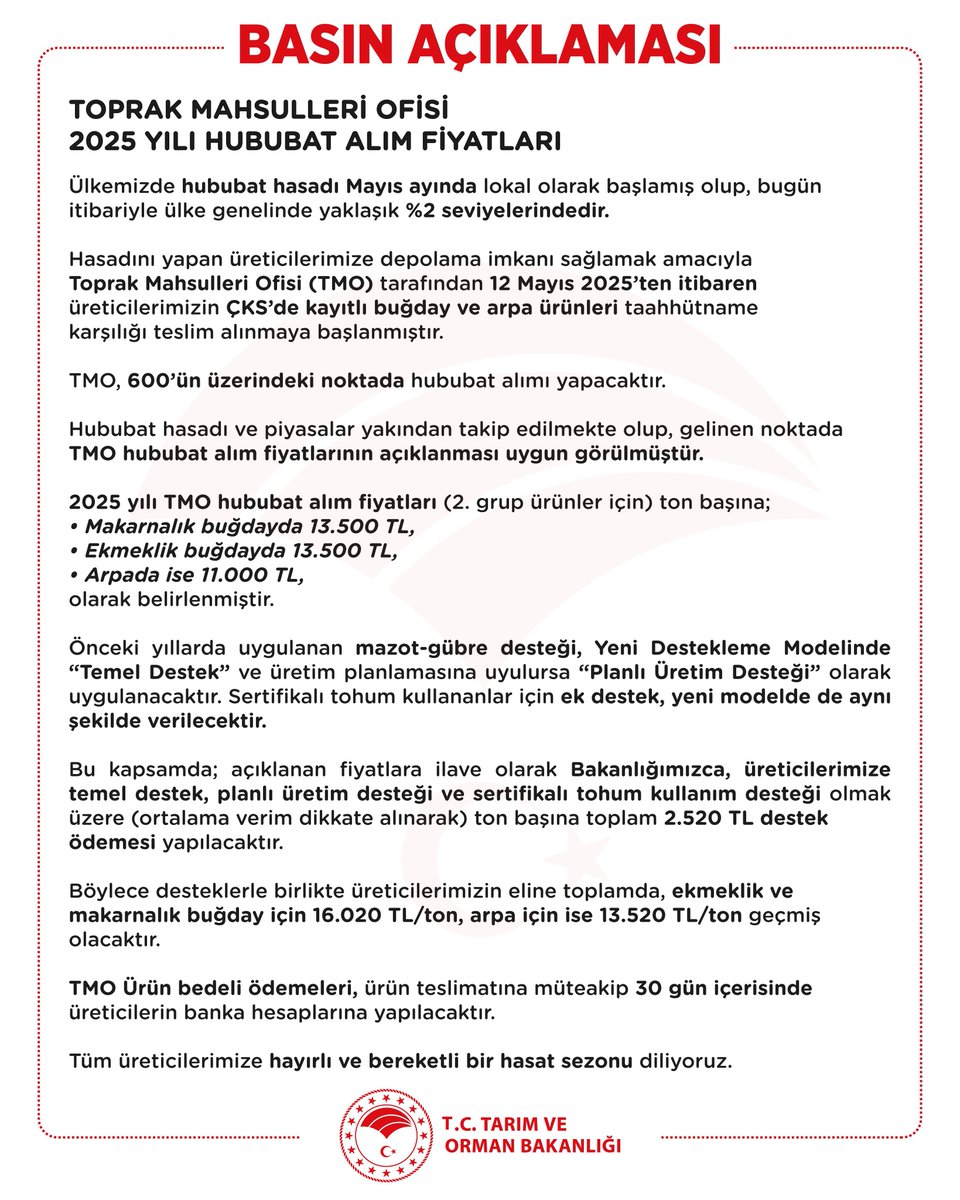 Toprak Mahsulleri Ofisi 2025 Yılı Hububat Alım Fiyatları Duyuruldu