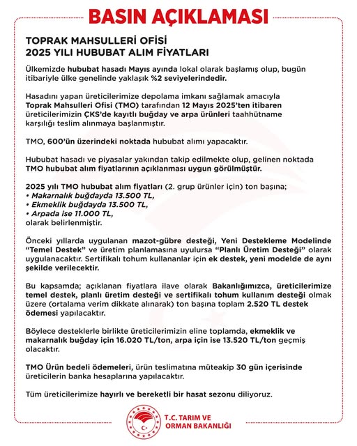 Susurluk'ta 2025 Yılı Hububat Alım Fiyatları Duyuruldu