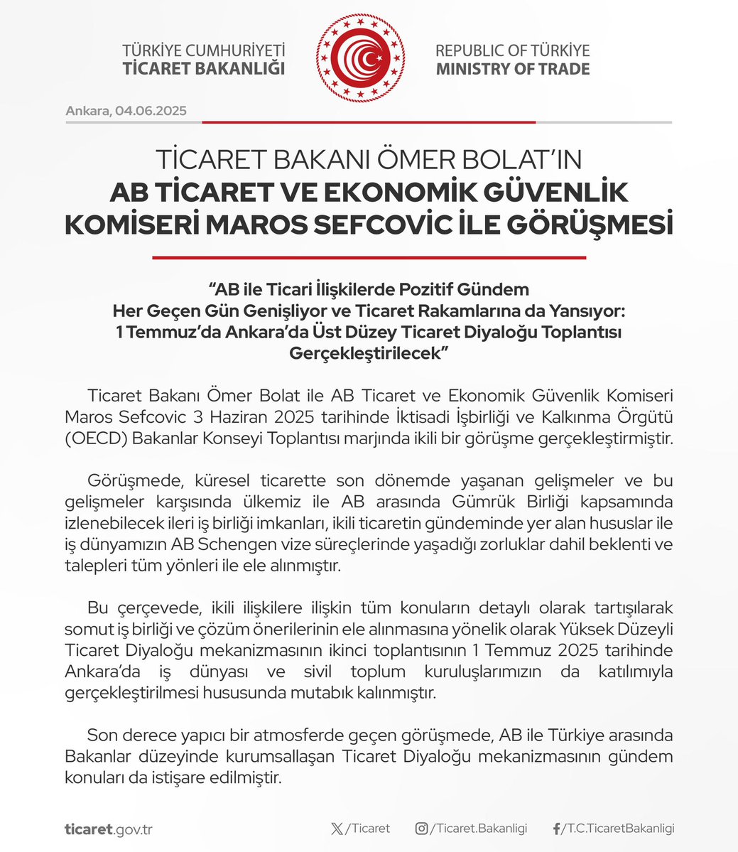 Ticaret Bakanı Bolat, AB Komiseri Sefcovic ile Görüştü