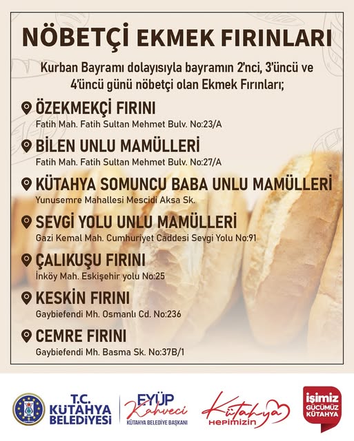 Kütahya'da Bayramda Nöbetçi Fırınlar Belirlendi