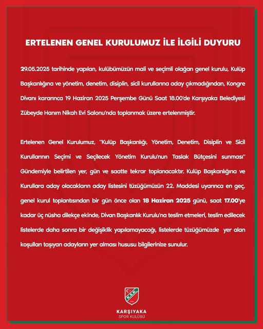 Karşıyaka Spor Kulübü Genel Kurulu Ertelendi