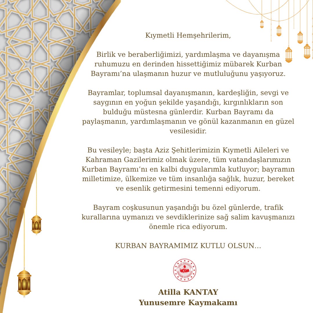 Yunusemre Kaymakamı Kantay'dan Kurban Bayramı Mesajı