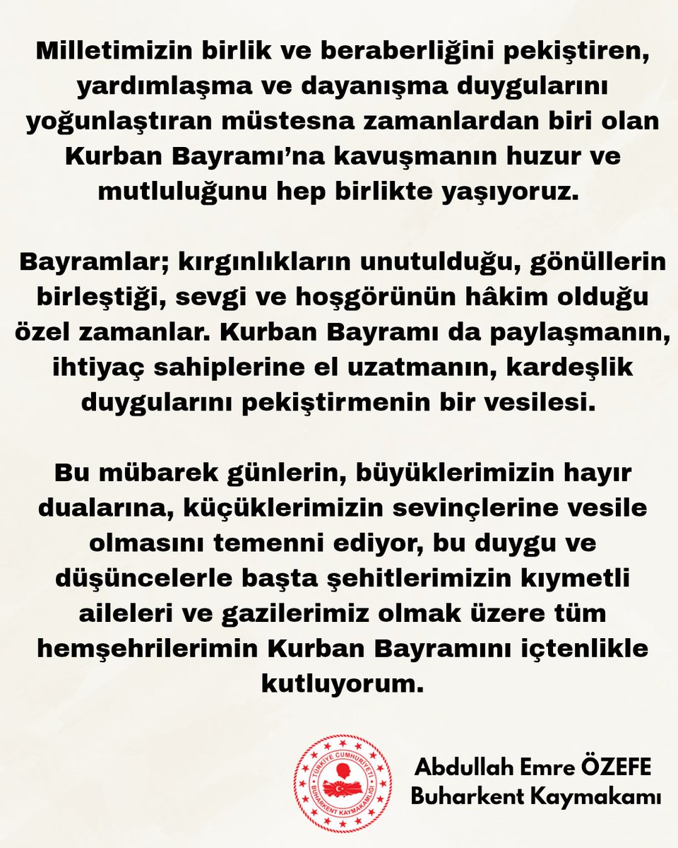 Buharkent Kaymakamı Özeefe'den Kurban Bayramı Mesajı