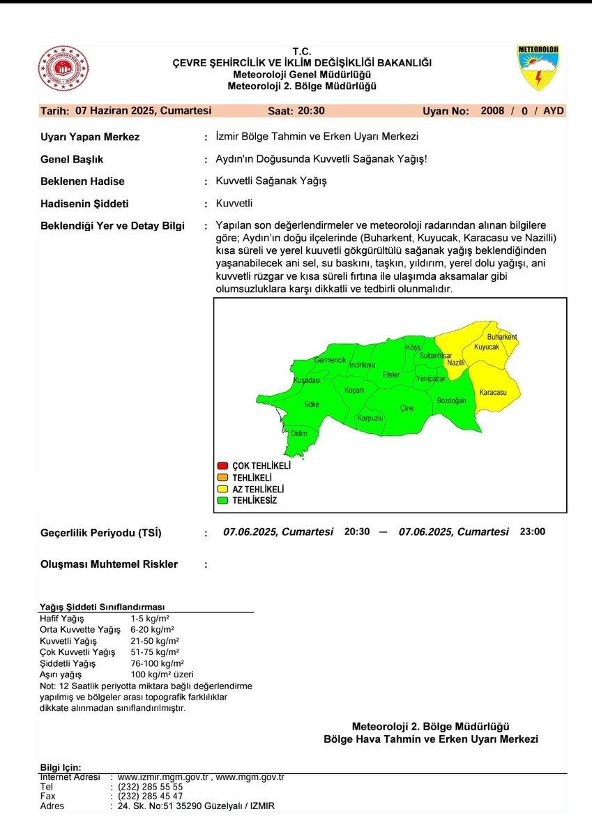 Aydın'da Doğu İlçelerinde Kuvvetli Yağış Uyarısı