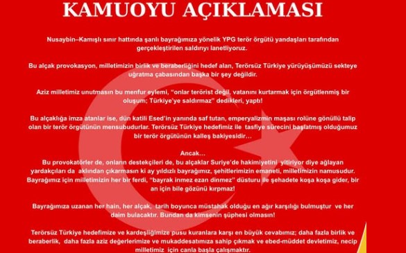 Nusaybin–Kamışlı sınır hattında şanlı bayrağımıza yönelik YPG terör örgütü yandaşları tarafından gerçekleştirilen saldırıyı lanetliyoruz.